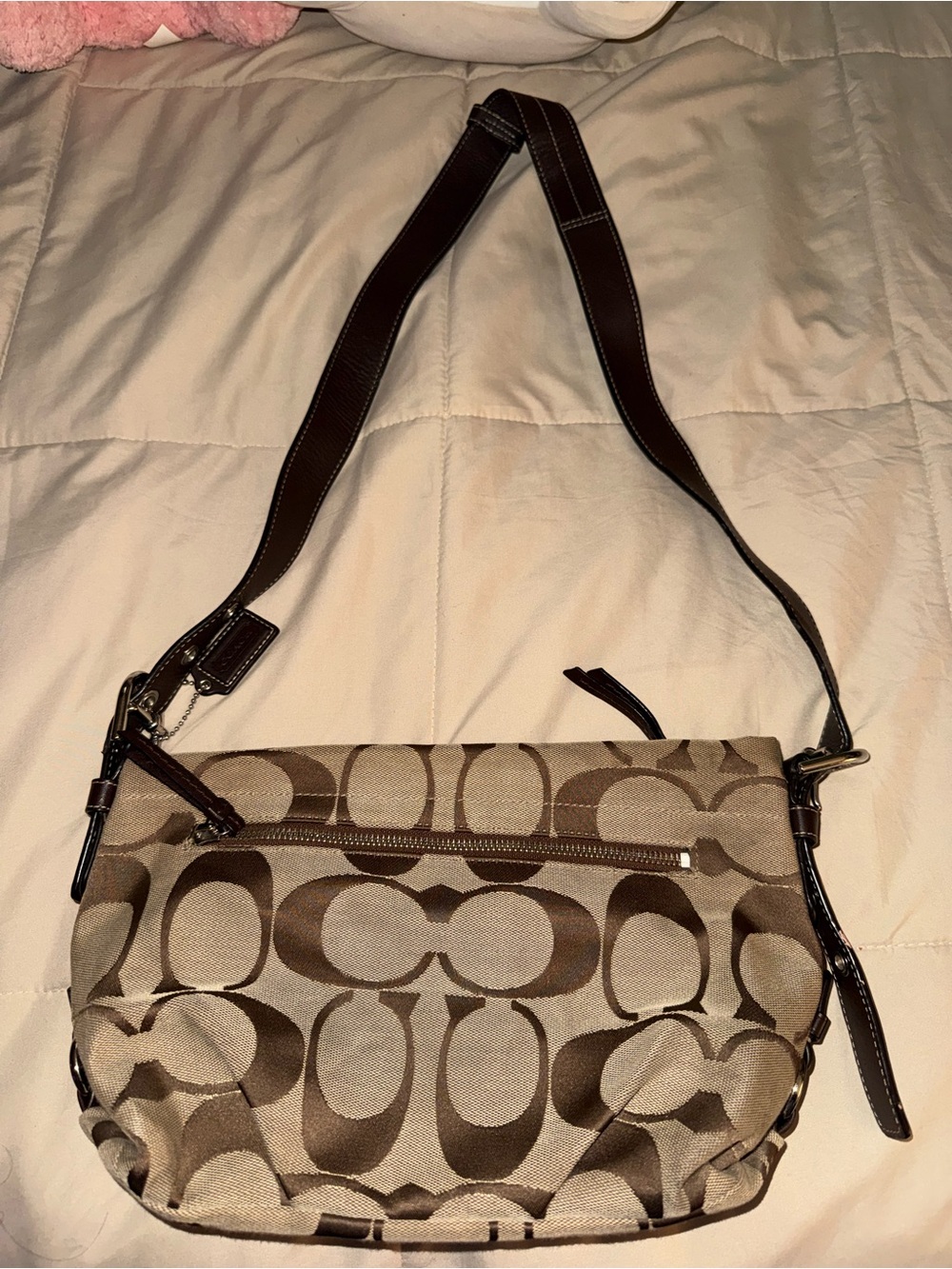 Coach Brown Signature Canvas Shoulder Bag with Dark Brown Trim - Picture 2 of 10